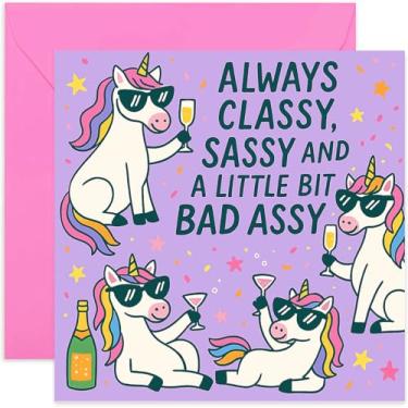 Imagem de Cartões de aniversário engraçados para mulheres, Classy Sassy and Bad Assy, design de unicórnio fofo para ela - quadrado, em branco por dentro com envelope premium