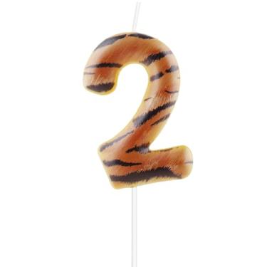 Imagem de Velas de aniversário de tigre número 2, decorações de bolo de animais selvagens, estampa realista de listras de tigre com tema de animais selvagens, para meninos e meninas, crianças, festa de