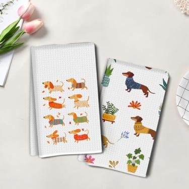 Imagem de 2 peças de toalhas de cozinha artísticas de cachorro de desenho animado, toalha de mão de chá super absorvente, panos de prato de microfibra para secar pratos, toalhas de prato waffle para cozinha