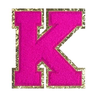 Imagem de 1 PÇ Patch de letra de chenille rosa de 11,4 cm com borda dourada – Remendos do alfabeto para roupas, jaquetas, mochilas, chapéus para decoração personalizada, nome personalizado e artesanato. (K)