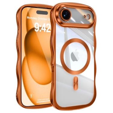 Imagem de UEEBAI Capa para iPhone Air, linda capa de celular magnética com moldura ondulada compatível com Magsafe capa de proteção completa para câmera macia galvanizada para mulheres e meninas - laranja