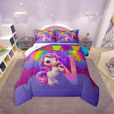 Imagem de Erosebridal Conjunto de cama solteiro com letra N, unicórnio, para crianças, com monograma, fantasia, céu estrelado, para decoração de quarto, 2 peças