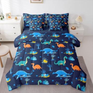 Imagem de Feelyou Jogo de cama solteiro de dinossauro fofo com lençol para crianças, meninos, meninas, dinossauro, azul marinho, 7 peças, selva, coqueiro, palmeira, cama, para decoração de quarto, microfibra