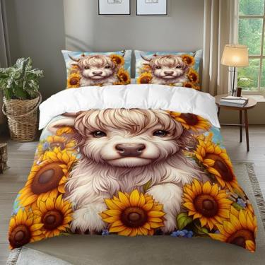 Imagem de AILONEN Conjunto de capa de edredom Highland Cow Girassóis Queen Size - Aposta de cama de gado com desenho animado para crianças e meninas - Capa de edredom de fazenda + 2 fronhas - 3 peças