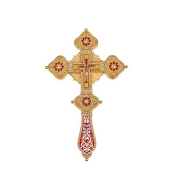 Imagem de RZRHMUHN Cruz ortodoxa oriental banhada a ouro de 30 cm, cruz de Jesus ortodoxo, decoração religiosa esmaltada com joias, crucifixo cristão com design intrincado para casa, igreja, altar e presente