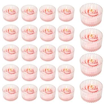 Imagem de Veiuwa Pacote com 24 velas perfumadas de 85 g, cera rosa com relevo rosa, perfeita para lembrancinhas de casamento, presentes de festa a granel, chá de panela.