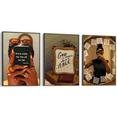 Imagem de Jerbgre Arte de parede de menina negra mulher afro-americana decoração de parede preto moda feminina pôster pintura de quarto de menina cristã imagens versículo bíblico imagens para quarto sala de