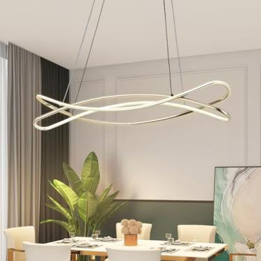 Imagem de Luminária pendente LED elíptica curva, dimerizável, moderna, para mesa de jantar, escritório, com altura ajustável e controle remoto, sem reflexos, ideal para quarto, escritório e cozinha. C