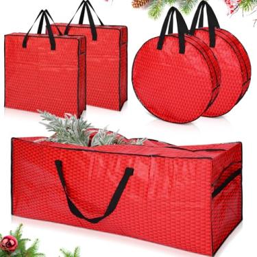 Imagem de Simgoing Pacote com 5 sacos de armazenamento de árvore de Natal grande guirlanda de Natal bolsa de transporte com alça zíper armazenamento resistente para recipiente vermelho elegante de Natal