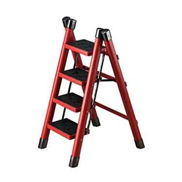 Imagem de Escadas dobráveis escadas de 4 degraus Banqueta dobrável com pedal largo resistente escada de metal portátil para uso doméstico e cozinha escada resistente (cor: liga de alumínio A) (aço carbono