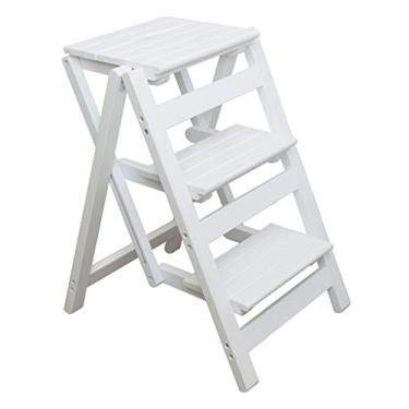 Imagem de Banqueta dobrável de madeira, cadeira de escada dobrável para biblioteca, escada de madeira, cadeira de escada doméstica, capacidade de 200 kg, antiderrapante, pedal largo e resistente (branco, 3