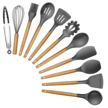 Imagem de Kit Utensílios de Cozinha Premium, 12 Peças, Cabo de Madeira, Silicone Resistente a Altas Temperaturas, Inclui Espátulas, Colheres, Pinça, Batedor e Balde de Armazenamento