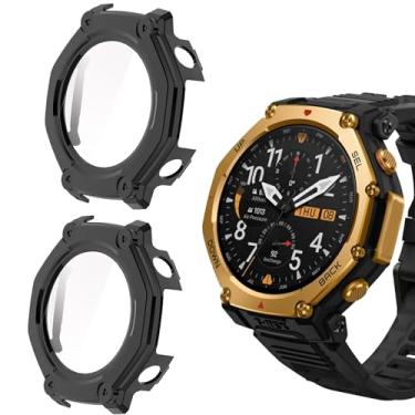 Imagem de Compatível com Amazfit T-Rex 3 Pro, capa rígida de PC Lamshaw com protetor de tela de vidro temperado compatível com smartwatch Amazfit (preto + preto, para T-Rex 3 Pro)