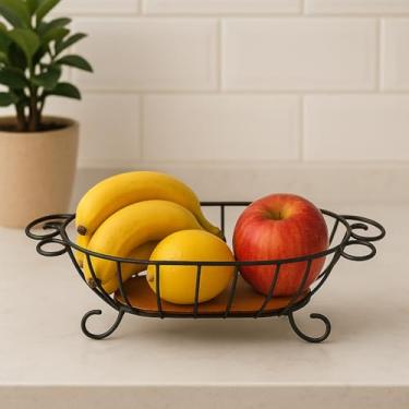Imagem de Fruteira Oval Rústica De Mesa Em Ferro e Madeira, Preta, 48x28x14cm, Base em Madeira Pinus, Estrutura em Ferro Artezanal