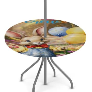 Imagem de hongjinglin Toalha de mesa de Páscoa para uso ao ar livre com orifício para guarda-chuva, toalha de mesa redonda elástica com zíper, impermeável, limpável, para piquenique, festa, pátio, serve para