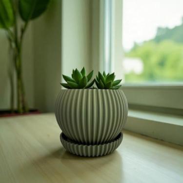 Imagem de Kit 1/2/3 Vasos para Suculentas com Bandeja – Mini Vaso Decorativo Cachepô para Plantas Naturais em Textura Ondulada(VERDE)