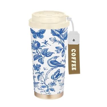 Imagem de SEHANY Caneca de viagem de pássaro de flor branca azul 482 g Copos de café reutilizáveis revestidos de cerâmica com tampa à prova de vazamento, parede dupla, isolamento a vácuo, copo de café de aço