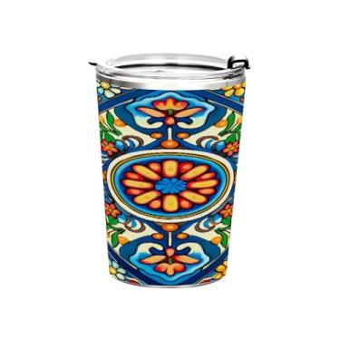 Imagem de Blueangle Copo de 340 g com tampa e canudo, copo de café com água isolada a vácuo de aço inoxidável, caneca térmica de cerâmica mexicana para bebidas quentes e frias (165)