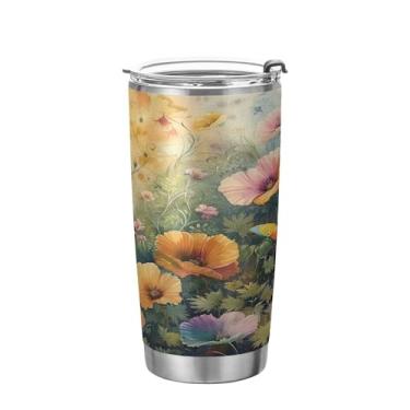 Imagem de xigua Copo de flores silvestres de jardim aquarela com tampa de palha, caneca de viagem a vácuo de parede dupla, caneca de café bem isolada, copo de aço inoxidável para bebidas quentes e frias, 600 ml