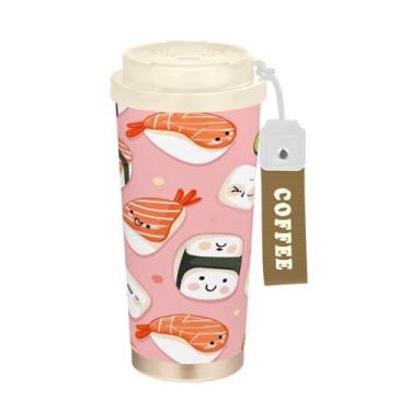 Imagem de Blueangle Caneca de café com isolamento térmico Sushi Kawaii - Copo de aço inoxidável à prova de derramamento e vazamento para acampamento e ar livre, garrafa de água reutilizável de 500 ml com tampa
