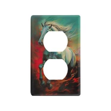 Imagem de Blueangle Placa de parede de tomada dupla com pintura galopante de cavalo, tamanho padrão, placas de cobertura de tomada elétrica de 1 gangue para decoração de quarto de escritório em casa, 4,53 x