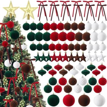 Imagem de Hollowfly Conjunto de decoração de árvore de Natal de veludo com 95 peças – 70 enfeites sortidos de bolas flocadas, 12 laços de veludo, 1 estrela superior, 12 hastes de baga com glitter para guirlanda