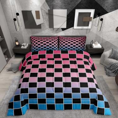 Imagem de Erosebridal Conjunto de edredom xadrez preto, tamanho king, rosa, azul, quadriculado, xadrez, buffalo, para adultos, homens e mulheres, edredom