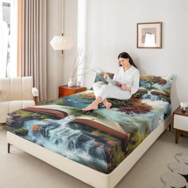 Imagem de Jogo de lençol Queen da árvore da vida, livro mágico, paisagem natural, respirável (sem lençol de cima), folhas de outono, pássaros, lençol com elástico alto, lençol de cama estilo casa de fazenda