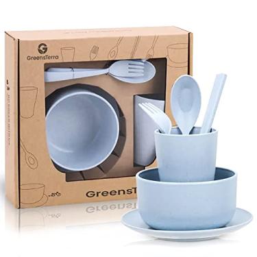 Imagem de GREENSTERRA Conjunto de louça de palha de trigo ecológico – Pratos e tigelas de palha de trigo reutilizáveis e duráveis com utensílios – Ótimo para piquenique, acampamento – seguro para micro-ondas e lava-louças – Azul