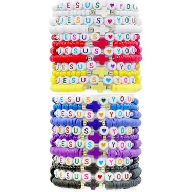 Imagem de poosenniol 24 pulseiras Jesus Loves You Pulseiras de amizade a granel joias cristãs presentes de Páscoa para mulheres homens presente religioso inspirador, One Size, Resina, Sem Pedra Preciosa