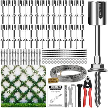 Imagem de Acemaker Treliça de Arame para Plantas Trepadeiras Ao Ar Livre, Kit de Treliça de Fio de Parede de 30 Conjuntos com Cabo de Aço e Cortador de Fio de 150 Pés X 1/8", Sistema de Treliça de Cabo de Espal
