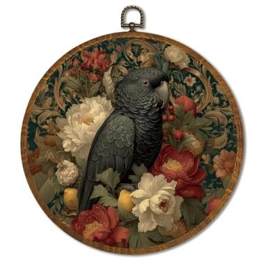 Imagem de Arte de parede redonda vintage inspirada em William Morris, impressões em tela de papagaio preto vintage com design floral, arte de parede de papagaio emoldurada para casa, banheiro, sala de estar