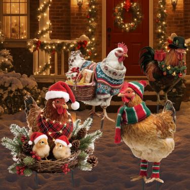 Imagem de Otoolling 4 peças de placa de metal de galinha de Natal com estaca 58 cm decorações de jardim de Natal resistentes estacas de animais galo arte de quintal para gramado terrestre varanda calçada