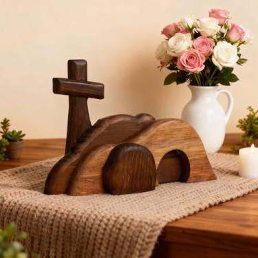 Imagem de TopLove The Empty Tomb Easter Scene and Cross, Wooden Easter Ressurretion Scene Cross Jesus Tomb Tray Set, Jesus Presépio Decoração para Casa Religiosa Escritório em Casa Mesa Presentes Cristãos