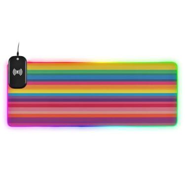 Imagem de CEBUGI Mouse pad de carregamento sem fio listras horizontais 15 W rápido para jogos com 14 iluminação LED RGB para jogos, MacBook, PC, laptop, mesa | 80 x 30 cm