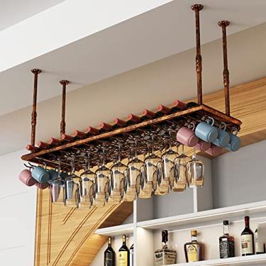 Imagem de Prateleiras de vinho de metal de teto, altura ajustável, suporte vintage para taças de vinho, suporte de garrafa de vinho, para bares, cozinhas, restaurantes