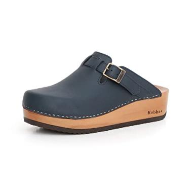 Imagem de Kebba Liliane - Tamancos de madeira feitos à mão com couro genuíno | Suporte de arco e ajuste confortável | Plataforma de Tepa chilena e sola de EVA | Feito em Villarrica, Chile, Azul marinho, 40