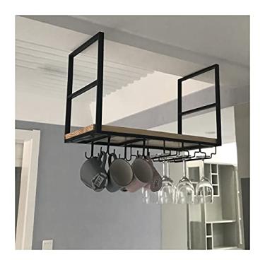 Imagem de APUM Prateleira suspensa de teto, suporte de garrafa de teto de metal, suporte de armazenamento de vinho preto com prateleira de vidro para taças para armário e bar