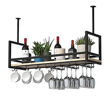 Imagem de APUM Prateleira de teto suspensa para vinho, suporte de garrafa de teto de metal, suporte de armazenamento de vinho com prateleira de vidro de taças para embaixo do armário, cozinha, bar