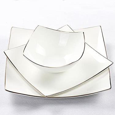 Imagem de Conjunto de utensílios de mesa, prato de jantar quadrado europeu de osso, pratos de bife, tigelas de sopa de salada, conjunto de louça de porcelana branca alta (