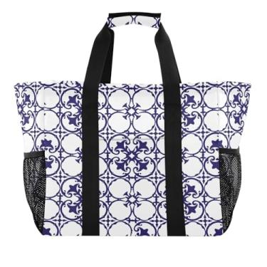 Imagem de Kigai Sacolas de mercearia reutilizáveis, estampa de azulejo mexicano, grande, sacola de compras, resistente à água, bolsa de piscina dobrável para roupas, sapatos e piqueniques