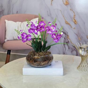 Imagem de Arranjo de Flores Artificiais com Orquídeas em Vaso de Vidro – Decoração para Sala, Mesa, Lavabo e Escritório(Roxo)