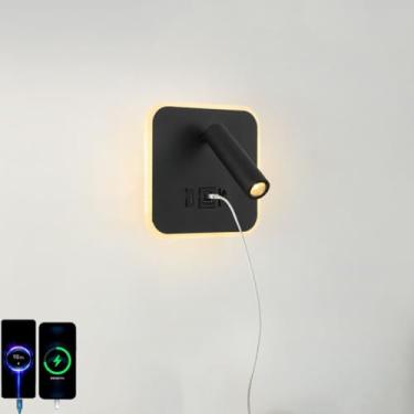 Imagem de Luminária de parede LED para leitura com interruptor e carregamento duplo USB tipo C. Luminária de parede/abajur de cabeceira 3W 3000K + 10W 4000K para iluminação interna, com rotação de 360