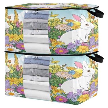 Imagem de Burbuja Pacote com 2 organizadores de bolsa de armazenamento com alças para roupas, cobertores, roupa de cama, desenho animado coelho em flores, bolsa de armazenamento dobrável com zíper e janela
