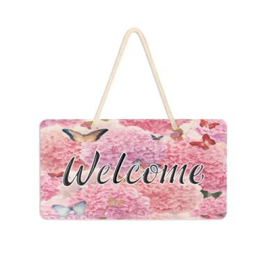 Imagem de Burbuja Placa de boas-vindas de borboletas de hidrengia rosa para porta da frente, placa de boas-vindas de PVC para decoração de férias, 15 x 28 cm