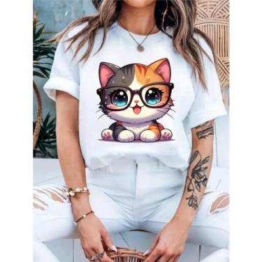 Imagem de Camiseta Algodão Feminina Casual Básica Tendência Gato IA - Universo M