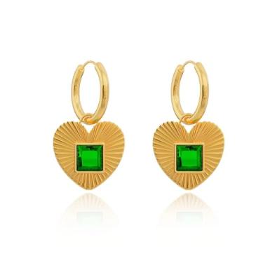 Imagem de Brincos de argola com pingente de coração para mulheres – Banhado a ouro 14 k com strass verde texturizado amor. Joias vintage de aço inoxidável, brincos para presente de aniversário diário