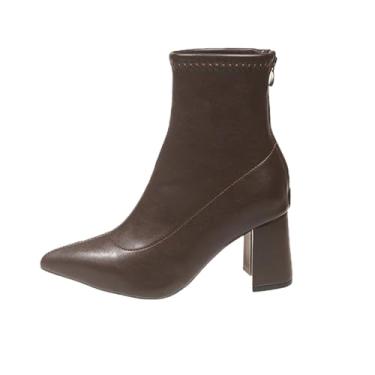 Imagem de Botas femininas de cano curto, bico fino, salto de metal, zíper nas costas, moderno, confortável, Marrom, 36