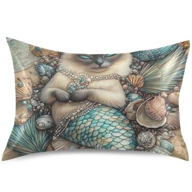 Imagem de Capa de almofada de cetim linda sereia gato siamês capa de travesseiro refrescante de luxo King Queen capa de travesseiro padrão cama de vida doméstica, tamanho padrão, 66 cm x 50 cm