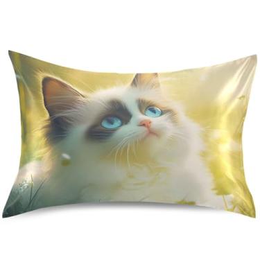 Imagem de Lindas capas de almofada ragdoll de cetim com grama de gato, capas de travesseiro refrescantes arte colorida padrão Queen King, tamanho padrão, 66 cm x 50 cm